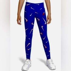 Nike BIG KIDS blue leggings with Red and white almost pink Swoosh Print SO COOL.